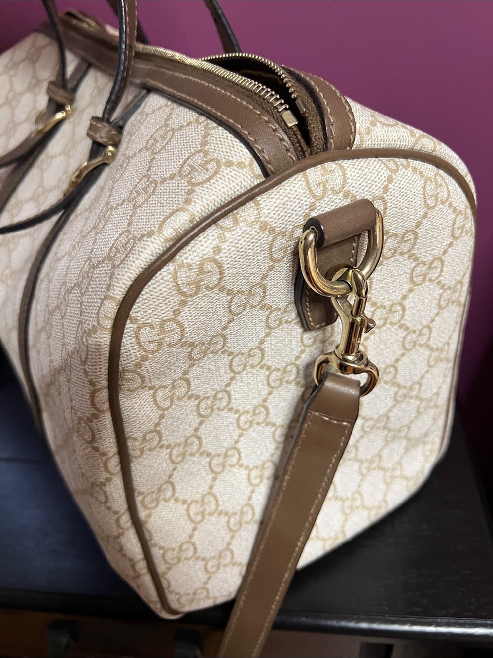 Rare !! Gucci Beige GG supreme canvas boston bag with Brown Leather Trim - Picture 10 of 16